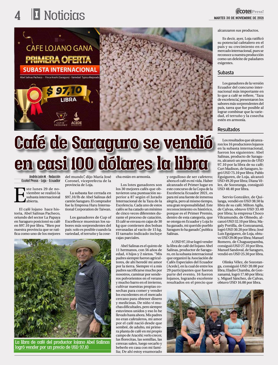 #GPLenMedios | Café de Saraguro se vendió en casi $100 la libra.
🗞 <a href="/cadenaecotel/">Cadena Ecotel</a>   
🗓 30 de noviembre de 2021 
📌 #Internacional 
 
#CaminoAlProgreso✔