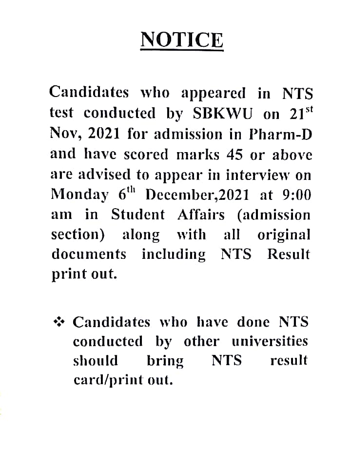 Interview Date for PHARM-D Candidates

Interview Date: 06 December 2021
<a href="/SBKQuetta/">SBK University Quetta</a>