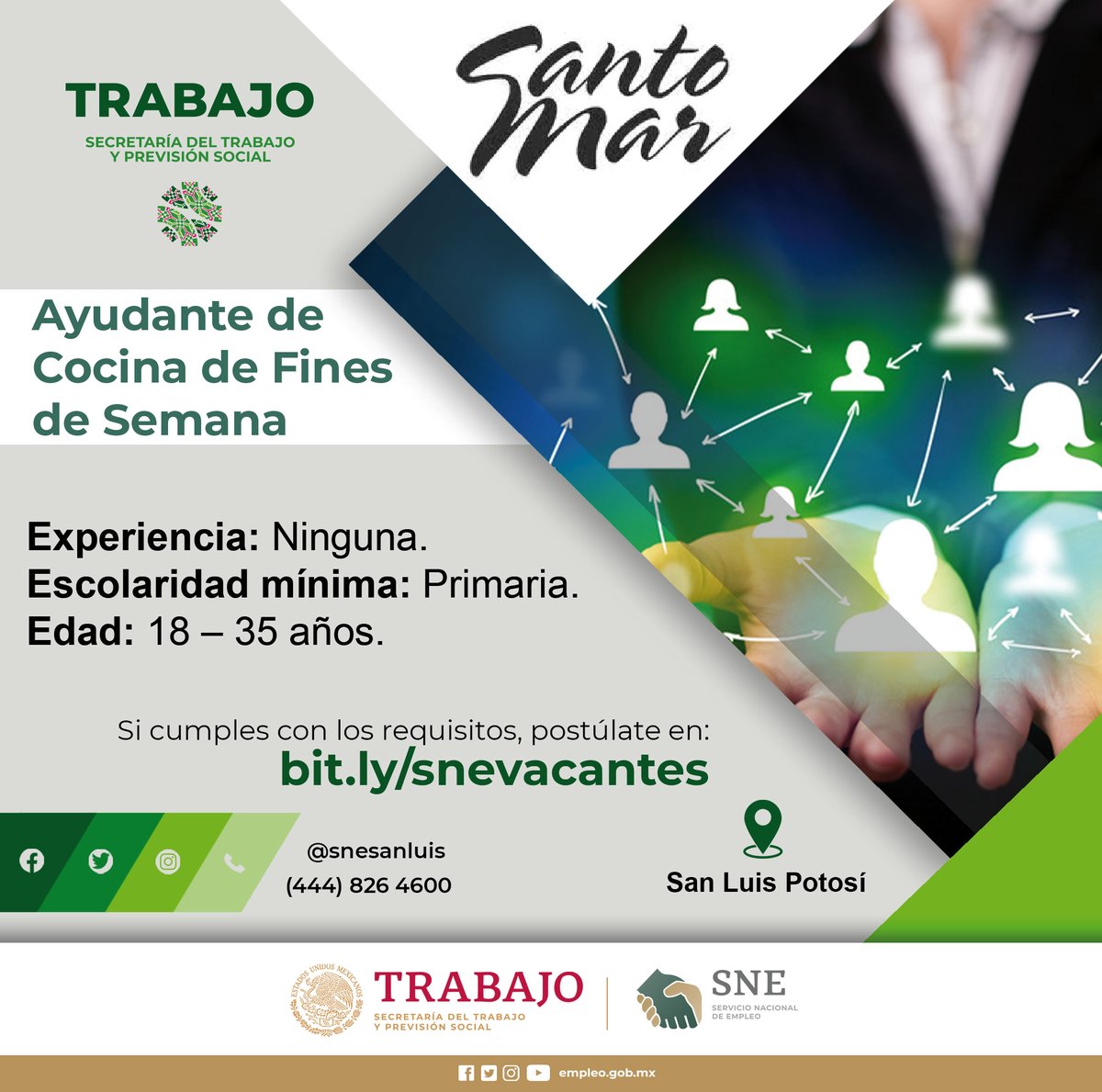SNESanLuis's tweet photo. #Vacante 💼
Restaurant #SantoMar en San Luis Potosí, solicita #AyudanteDeCocina #FinesDeSemana.
Requisitos mencionados en la imagen.
➡️ https://t.co/0PDA1ChwPS
#Empleo #SLP #SNESLP #STPSSLP #SNEparaTodos #PotosíParaLosPotosinos https://t.co/AAeNs8622X