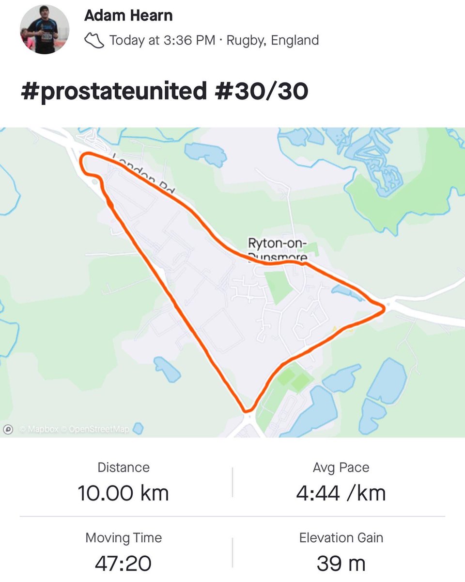 apmHearn's tweet photo. Day 30/30 - 47:20

And it’s over! 300km this month - the last few weeks have been brutal on the legs/pelvis!

Joined by @dylanpalmerram for the full 10km today 👏🏼 

Please join us @prostateunited and support @ProstateUK by donating: https://t.co/r0C39ULvLp 

#prostateunited https://t.co/mnHTjUcFMV