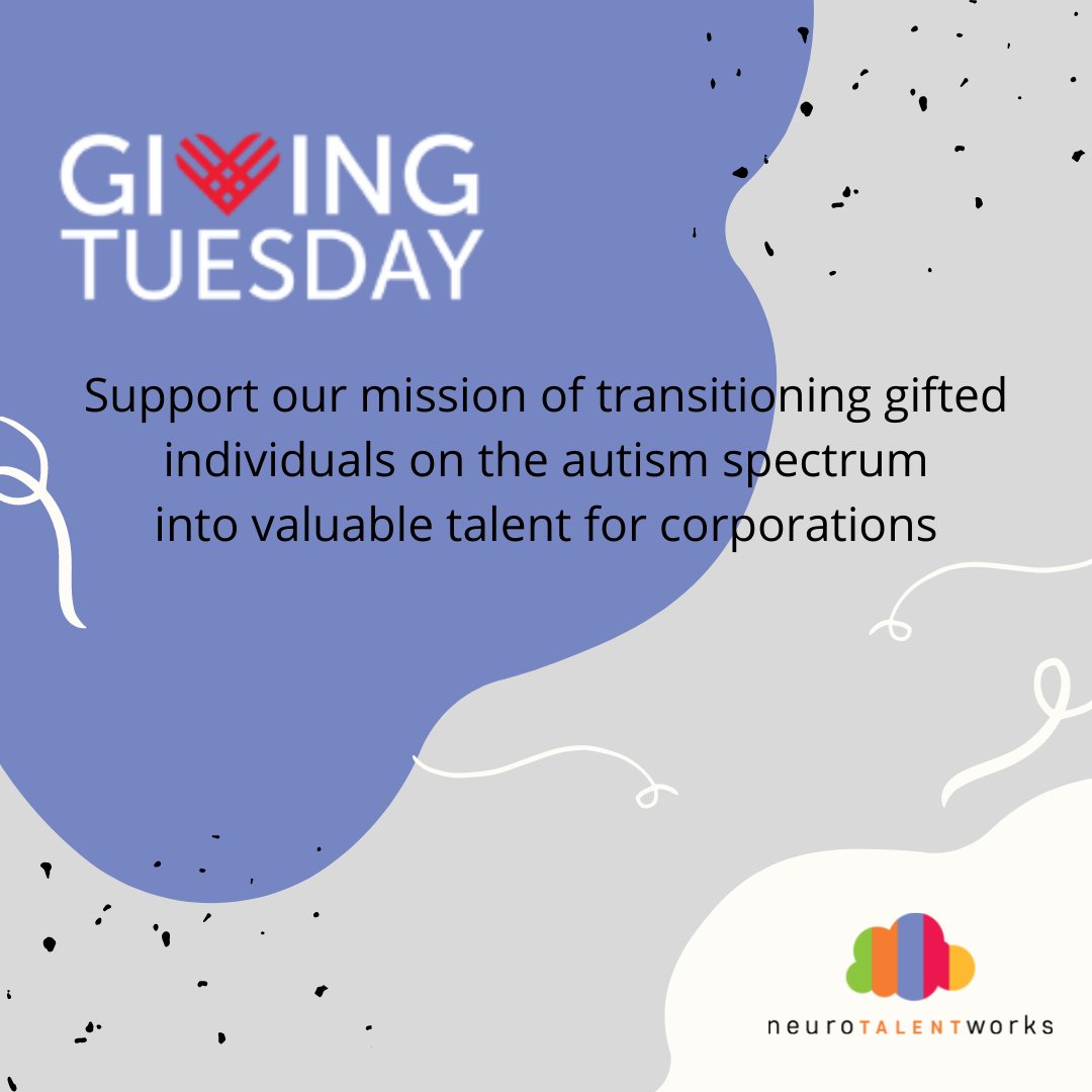 neurotalentwrks's tweet photo. Today is #GivingTuesday!

Giving to our organization advances #neurodiversity inclusion in the workplace – expanding job opportunities for neurodivergent individuals and promoting education at companies about #autism and neurodiversity inclusion. 1/3 https://t.co/69QHTRzvAk