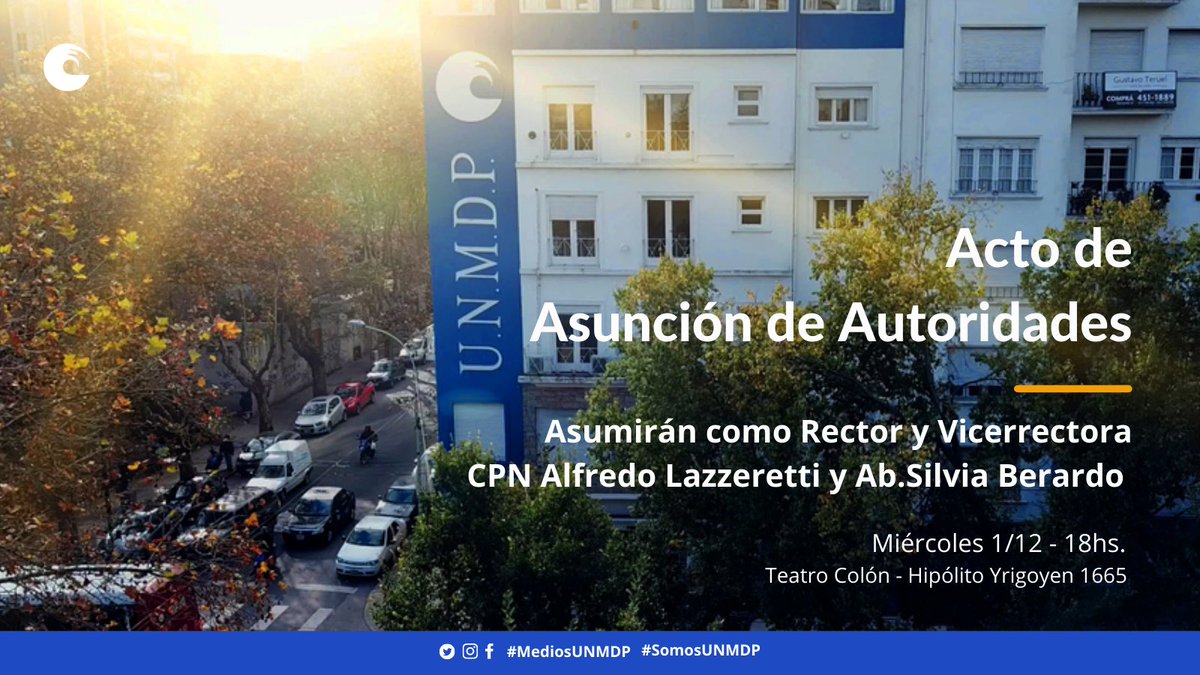 📣 Este miércoles 1/12 se realizará el Acto de Asunción de las nuevas autoridades de la #UNMDP 
👉En el mismo se hará entrega de los #PremiosUniversidad y se mencionará a quienes se han jubilado en el último tiempo en la institución.
#MediosUNMDP #SomosUNMDP