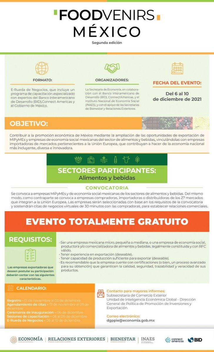 ComceOficial's tweet photo. #Foodvenirs México🗓️del 6 al 10 de diciembre para empresas #mexicanas del sector #alimentos y #bebidas 🔸Organizan @SE_mx @el_BID @INAESMx @connectamericas @SRE_mx @bienestarmx 
 
✳️e-Ruedas de negocios

🚨Cierre de registro 3 diciembre🚨

✍️https://t.co/1AfobYhIp1 https://t.co/x5GAlU3w7Y