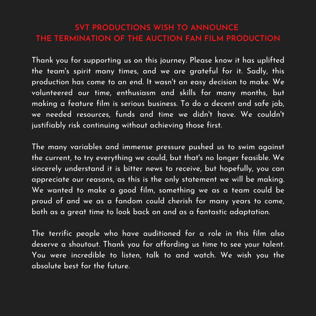 TheAuctionMovie's tweet photo. SVT PRODUCTIONS PUBLIC ANNOUNCEMENT. https://t.co/njBNujEDDR