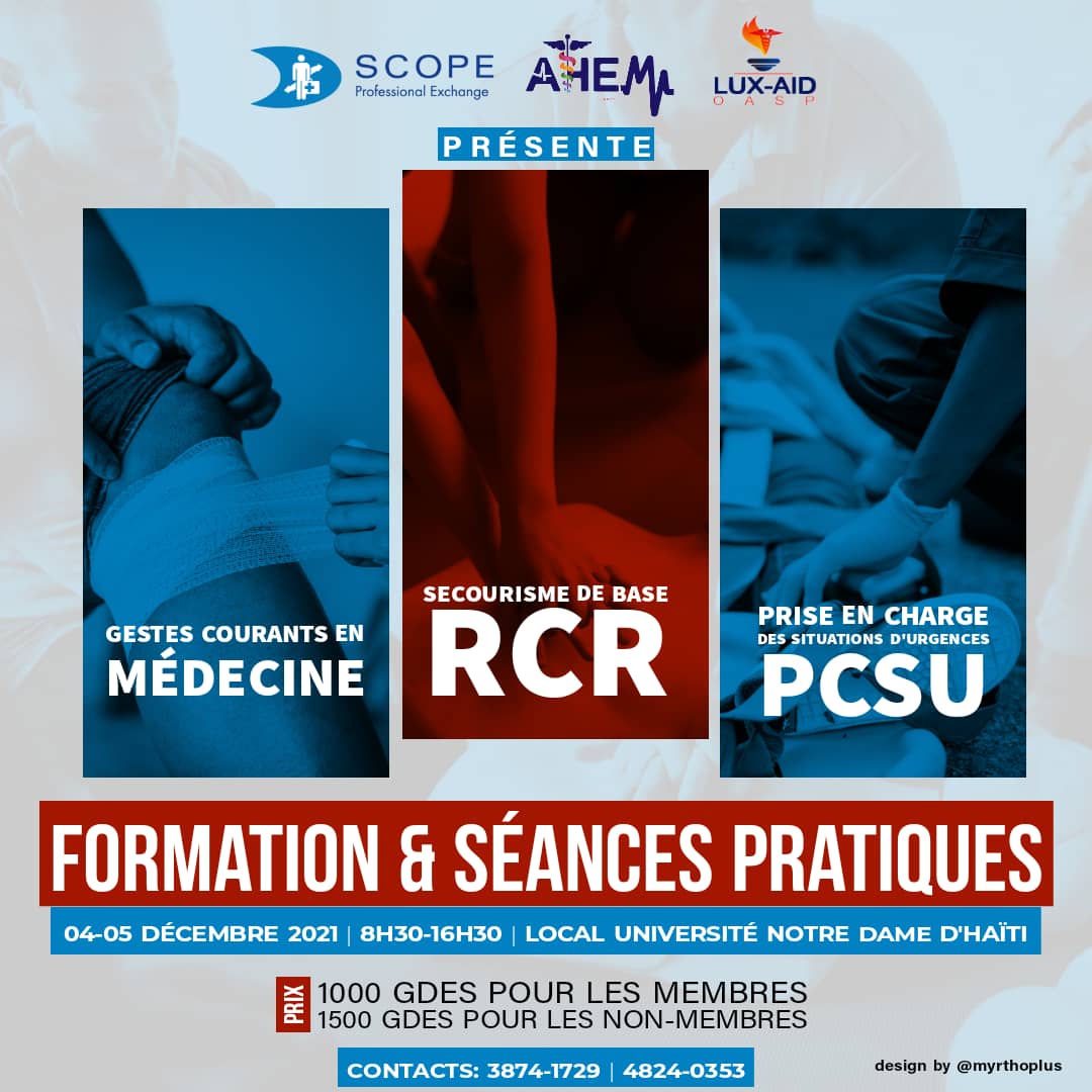 AhemIfmsaHaiti's tweet photo. SCOPE (AHEM) organise le 4-5 dec. une formation sur les gestes courants en médecine et le secourisme primaire. 

Nous pensons que les gestes d'urgence devraient être vulgarisés pour qu'un maximum de personnes soient aidés en cas d'accidents. 

RSVP⬇️
https://t.co/qNZWkB9IEX https://t.co/Cg7Q4gYsyR