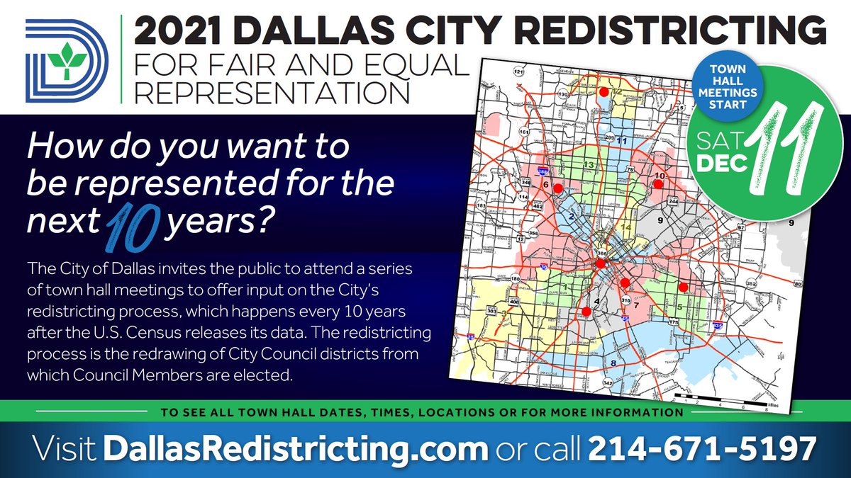 CityofDallasSBC's tweet photo. The City of Dallas invites the public to attend a series of town hall meetings to oﬀer input on the City’s redistricting process, which happens every 10 years after the U.S. Census releases its data. https://t.co/uzWhETmYgl https://t.co/ovbar4Hump