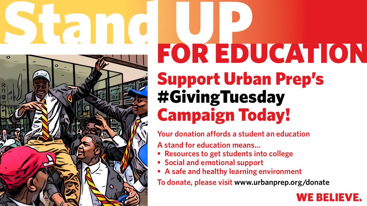 UrbanPrep's tweet image. This #GivingTuesday, StandUP for Education and support Urban Prep! To donate, please visit urbanprep.org/donate.
To read more about how your contribution to our #GivingTuesday Campaign will help Urban Prep students, visit we-b.lv/UrbanPrepGivin…
#StandUPforEducation #WeBelieve