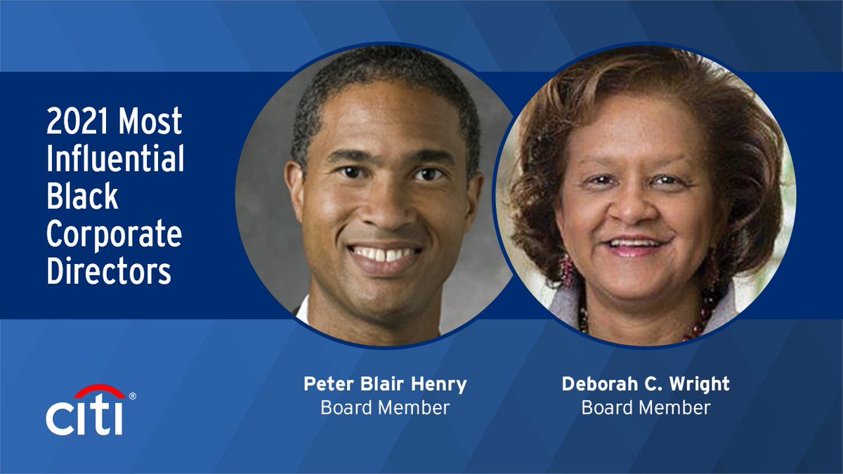 Congratulations to our board members, Deborah C. Wright & @PeterBlairHenry, on being honored among @savoynetwork's 2021 Most Influential Black Corporate Directors. Thank you for your leadership at #Citi! See here for the full list of honorees: on.citi/3Df8JVS