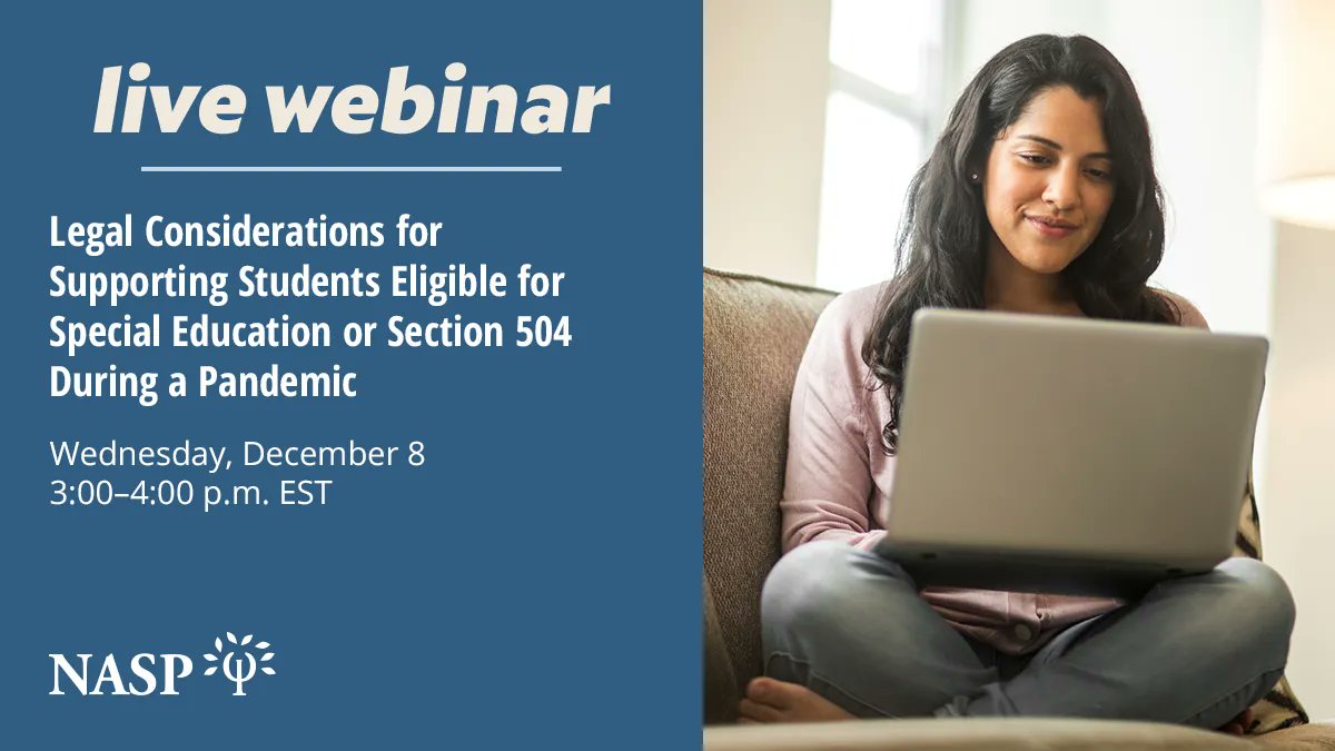 Don't forget to register for next week's live webinar and take advantage of this fantastic opportunity to learn about the legal considerations for supporting special education and Section 504 students during a pandemic. Link: bit.ly/3E8SeMj