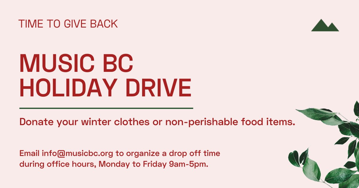 Music BC (@musicbc) on Twitter photo It's time to give back this holiday season. Donate winter clothing & non-perishable food items to our Holiday Drive starting Dec 17! Email ↪️ info@musicbc.org to set up a drop off time.
All items will be donated to the Downtown Eastside Women's Centre & Union Gospel Mission. 💙 It's time to give back this holiday season. Donate winter clothing & non-perishable food items to our Holiday Drive starting Dec 17! Email ↪️ info@musicbc.org to set up a drop off time.
All items will be donated to the Downtown Eastside Women's Centre & Union Gospel Mission. 💙