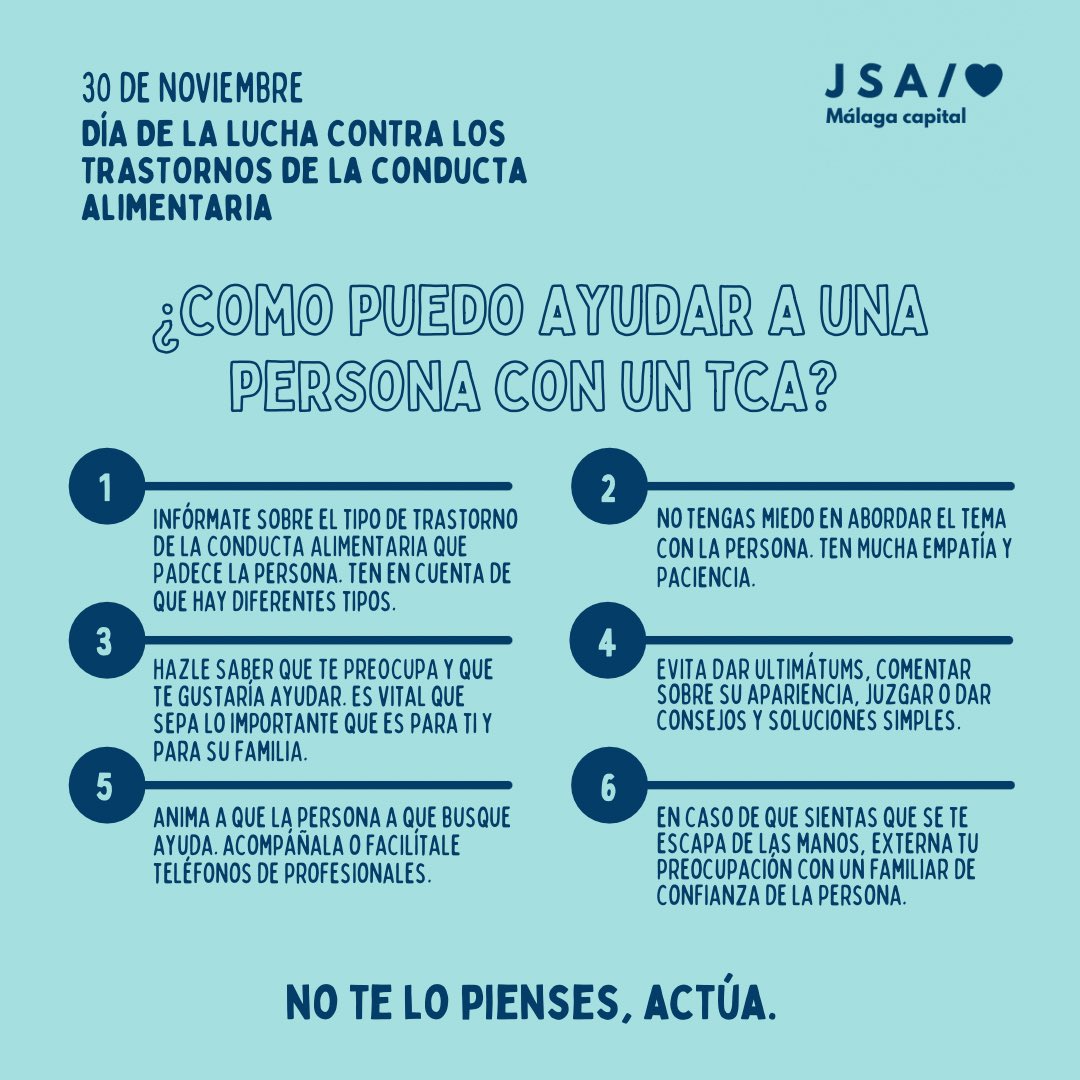 JSAMalagaCap's tweet photo. 🔵Hoy, Día de la Lucha Contra los Trastornos Alimenticios, queremos enviar todo nuestro apoyo a aquellas personas que los sufren.

Si alguien de tu entorno padece un TCA, no dudes en actuar. Tu ayuda es vital.

#DíaMundialTCA https://t.co/qCzjXYbVXF