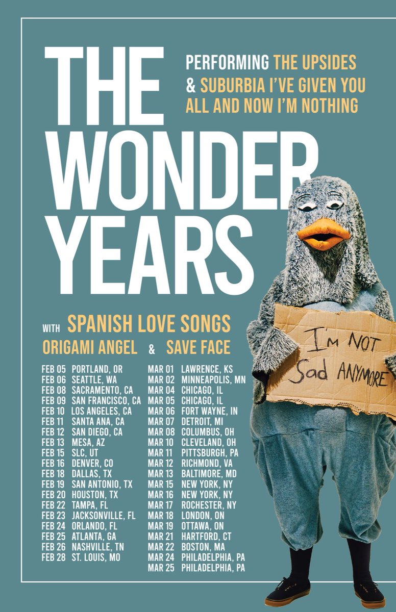 thewonderyears's tweet photo. It’s finally happening. In February &amp; March, we’ll be touring the US &amp; Ontario, playing both The Upsides &amp; Suburbia in full, every night. Plus we’re bringing @SpanishLuvSongs, @GAMIGANG &amp; @savefacenj. Tickets go on sale this Friday at 10am local time at: https://t.co/dNQvKIhHIm https://t.co/Ls2dkuuR5D