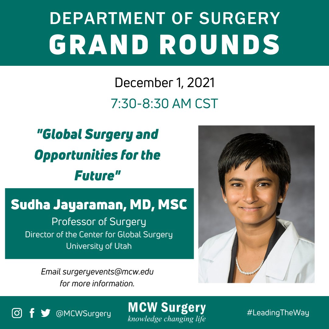 MCWSurgery's tweet photo. Join us tomorrow for #GlobalHealthWeek Grand Rounds, as we welcome @sudhapjay from @UofUSurgery! @MedicalCollege @ChrisDodgion #globalsurgery https://t.co/Rz7WW1RXl3