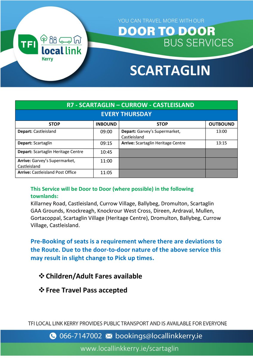 TFILocalKerry's tweet photo. R7 - SCARTAGLIN – CURROW - CASTLEISLAND 🚏
Every Thursday
📱 066-7147002
📧 bookings@locallinkkerry.ie
🖥️ https://t.co/EcKiOaFFM9
#tfilocallinkkerry #ruraltransport #publictransport #tfiupdates #currow #scartaglin #castleisland https://t.co/nerLqgYYx9