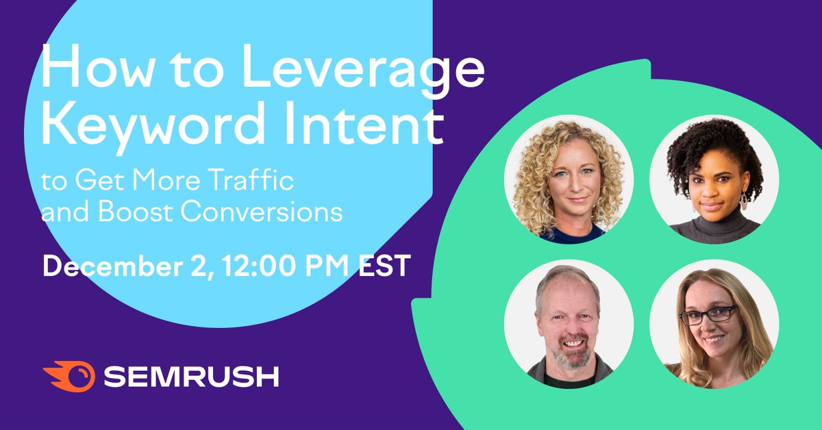 semrush's tweet photo. How do you work to be there for your audience with content for the right intent for the right audience?

Hop on our live session for actionable insights from @Aoifedublin, @CrystalontheWeb, @stonetemple &amp; host @DianaRich013 on Dec 2nd at 12 pm EST ➡️ https://t.co/jqkRavvkuN. https://t.co/YkfUcmGAz2