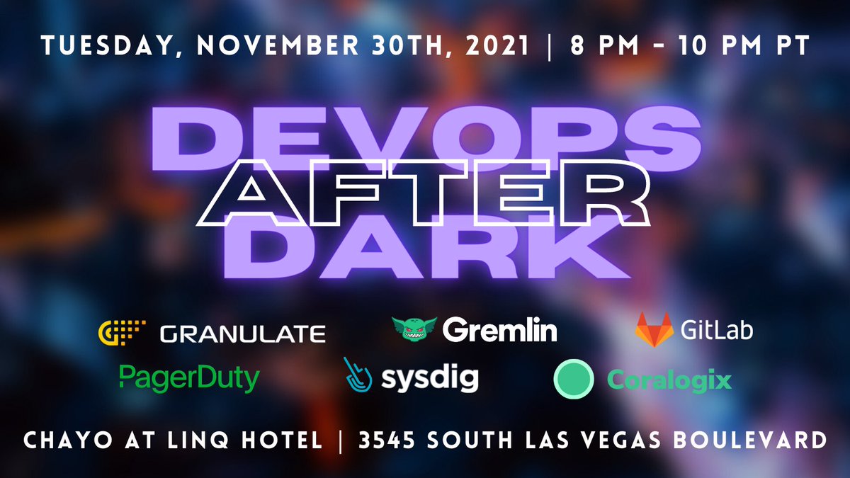 Are you at #AWS #reInvent?

Don't miss out on DevOps After Dark, where <a href="/cormacfoster/">Cormac Foster</a> and the GitLab team will join <a href="/Coralogix/">Coralogix</a>, @GranulateLtd <a href="/GremlinInc/">Gremlin</a>, <a href="/pagerduty/">PagerDuty</a>, and <a href="/sysdig/">Sysdig</a> for food, fun, and DevOps.

Join us tonight and register for the 🆓 event now: bit.ly/3D80WJa