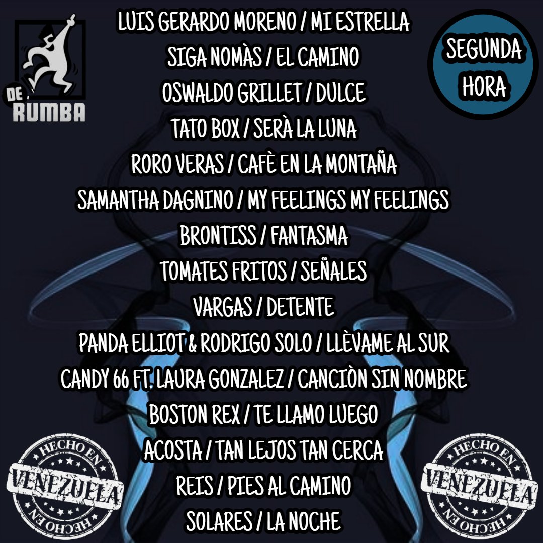 Martes de Hecho en Venezuela,en la segunda hora sonarán:
Luis G.Moreno+Siganomas + <a href="/OswaldoGrillet/">oswaldo grillet</a> <a href="/Tatobox/">Eduardo Tato Cedeño</a> <a href="/RoroVeraS/">Rodrigo Vera Sapene 🐢</a> <a href="/sdagnino/">Samantha Dagnino</a> <a href="/BrontissOficial/">BRÖNTISS_OFICIAL</a> <a href="/tomatesfritos/">Tomates Fritos</a> <a href="/vargasmusica/">VARGAS</a> <a href="/pandaelliot/">Panda Elliot</a> <a href="/RodrigoSolo_/">Rodrigo Gonsalves</a> <a href="/Candy66oficial/">Candy66</a> <a href="/bostonrex/">💀 boston rex</a> <a href="/Acosta_Official/">AcostA | A la Izquierda del Dial & El Podcast de B</a> <a href="/reismusicanueva/">REIS</a> #hechoenvenezuela