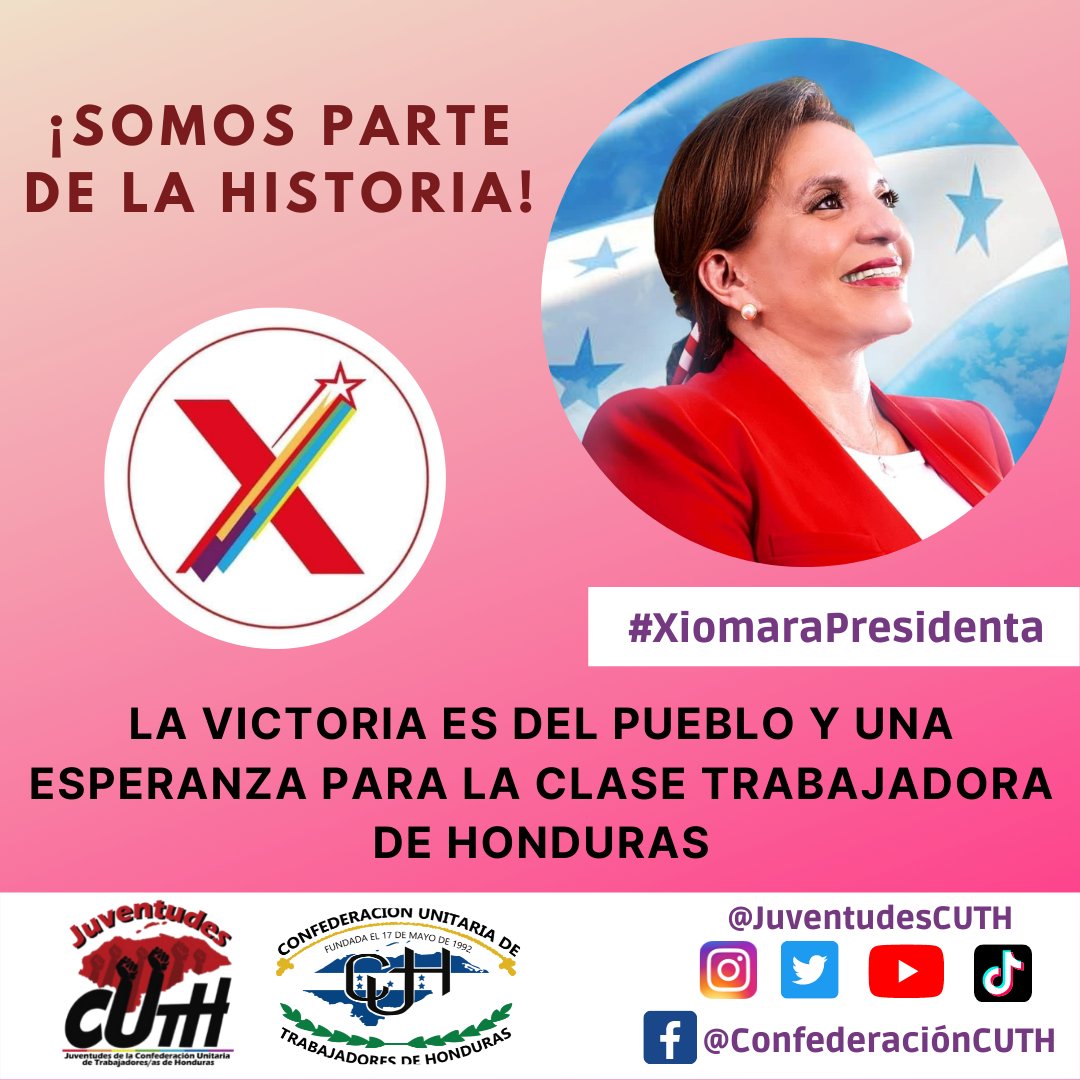 JuventudesCUTH's tweet photo. 📢 El pueblo ganó en las urnas y la clase trabajadora de Honduras respalda esta Victoria. ✊🏼🥳🔥Vamos hacia la Refundación del país junto a la presidenta electa @XiomaraCastroZ . 🇭🇳🚩🏴¡Por una Honduras verdaderamente justa, democrática, inclusiva, equitativa y libre!🔥💚🌱💜🏳️‍🌈 https://t.co/D2UjJQq3Wx