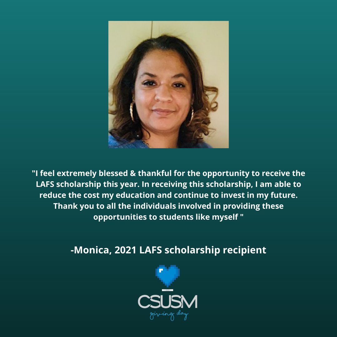 csusm_lafs's tweet image. Today is the BIG DAY! Please consider donating.
Please met Monica, a 2021 LAFS Scholarship Recipient, and see what she has to say about how the scholarship has impacted her.
Donate here: give.csusm.edu/s/1932/dg20/pr…
#HeartofaCougar #CSUSMGivingDay #LAFS #Latinx #Education