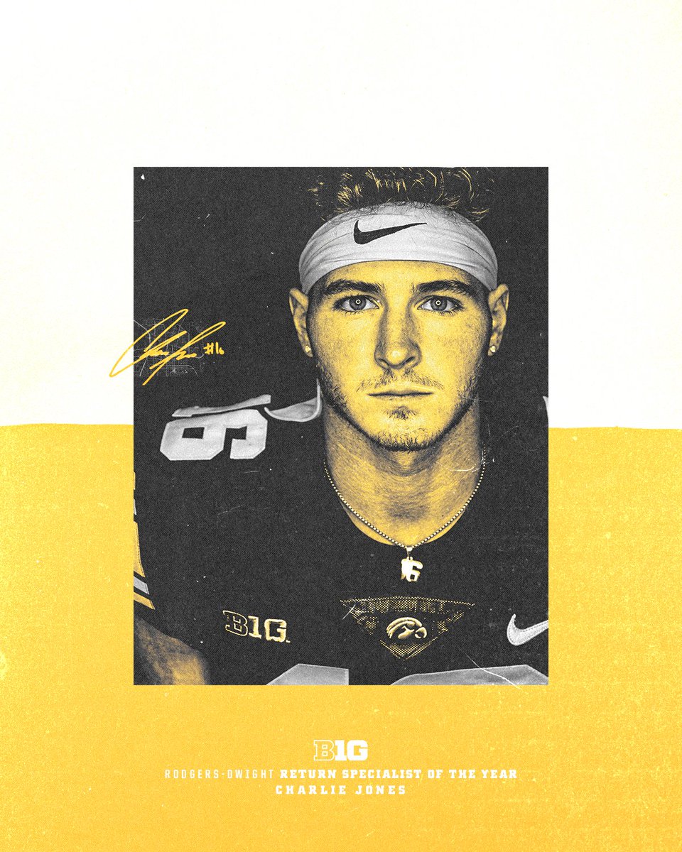 HawkeyeFootball's tweet photo. The 𝐑𝐨𝐝𝐠𝐞𝐫𝐬-𝐃𝐰𝐢𝐠𝐡𝐭 𝐑𝐞𝐭𝐮𝐫𝐧 𝐒𝐩𝐞𝐜𝐢𝐚𝐥𝐢𝐬𝐭 𝐨𝐟 𝐭𝐡𝐞 𝐘𝐞𝐚𝐫 is Charlie Jones ‼️

#Hawkeyes | @bigten https://t.co/aHaHMLDbJ7