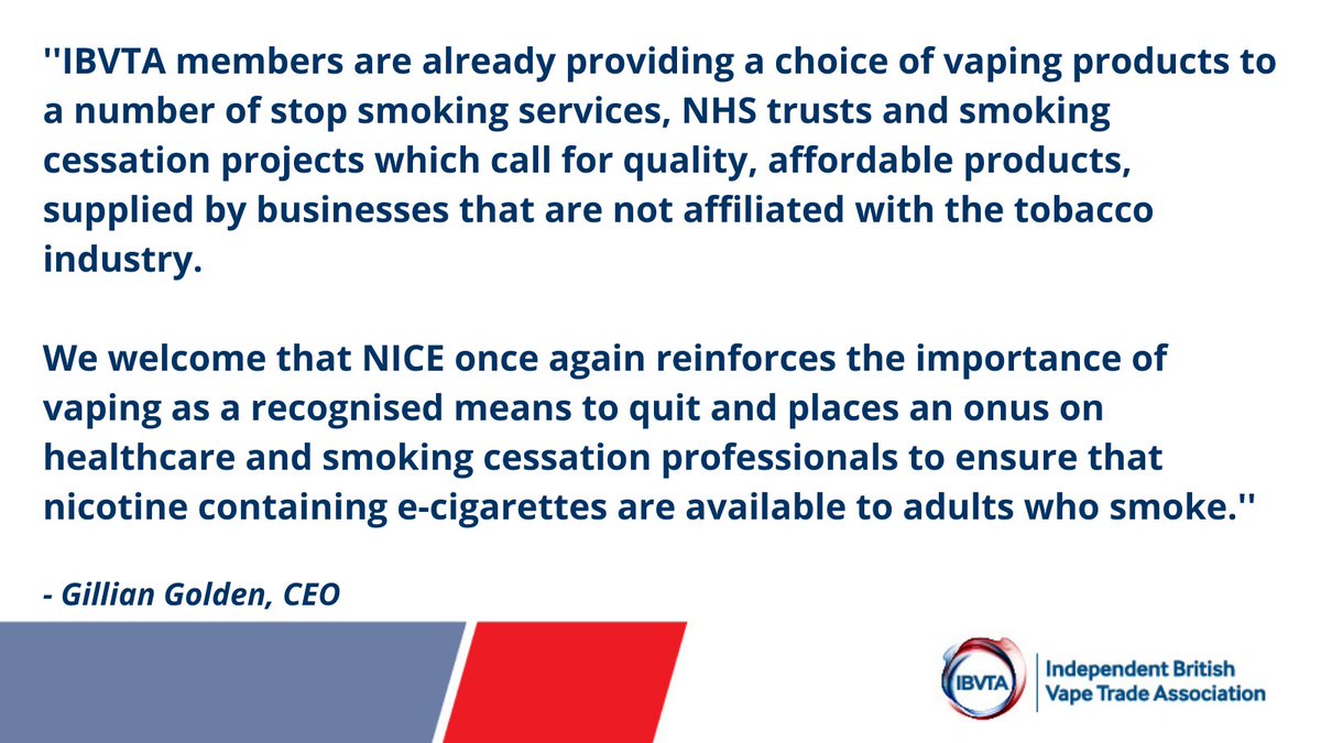 TheIBVTA's tweet photo. The IBVTA welcomes the new @NICEComms Guidance published today, which includes specific advice to healthcare professionals on #ecigarettes. This serves as a call-to-action for more commissioners and practitioners to support #vaping within their services.

https://t.co/vXgR4uka54 https://t.co/s20BTT9lMv