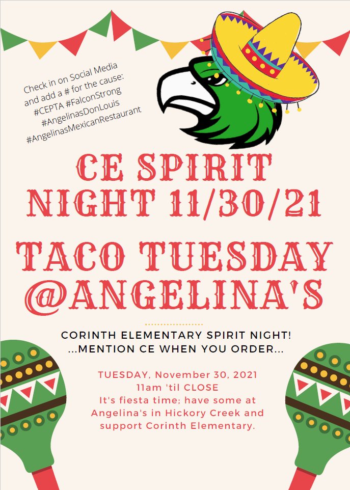 CorinthElementa's tweet photo. 🌮 TACO TUESDAY. 🌮 Join us today at #AngelinasMexicanRestaurant for CE Spirit Night. Don't forget to mention CE when you order. #FalconsFirst #CEPTA #AngelinasDonLouis https://t.co/0KRiTqOoDi