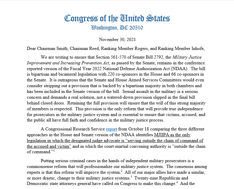 Today, I led 65 bipartisan members of the House and Senate to call on committee leadership not to strip #MJIIPA from the NDAA behind closed doors. Respect the will of a majority of Congress and give survivors of military sexual assault the justice they deserve. #PassMJIIPA