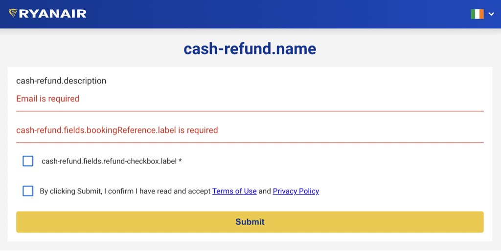 judsonlmoore's tweet photo. @Ryanair looks like some translation keys are exposed on this page, might want to let your product and tech teams know. https://t.co/K5f2E53Kg9 https://t.co/eAFPATGtmA