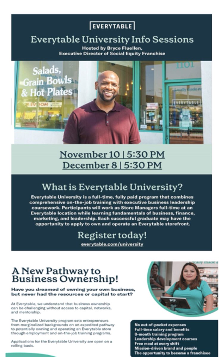 COCEmp_Center's tweet image. Everytable University sets social entrepreneurs from marginalized communities on an expedited pathway to potentially owning and operating an Everytable store through employment and education programs.