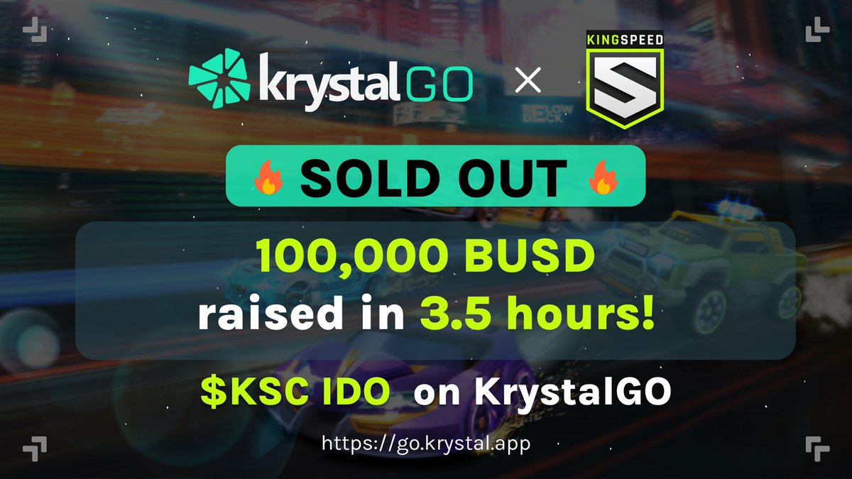 KrystalDeFi's tweet photo. 🚀 $KSC IDO pool on KrystalGO is SOLD OUT ✅
🏆 100,000 BUSD raised in 3.5hrs

Congrats to the @kingspeed_io team!

Rmb to ONLY refer to announcements from our Official Channels! ⚠️
💹 TGE: 03 Dec on @PancakeSwap
💹 Claim tokens: 16:30 UTC, 03 Dec on https://t.co/IBISxPIUUp https://t.co/6cSofmctW9