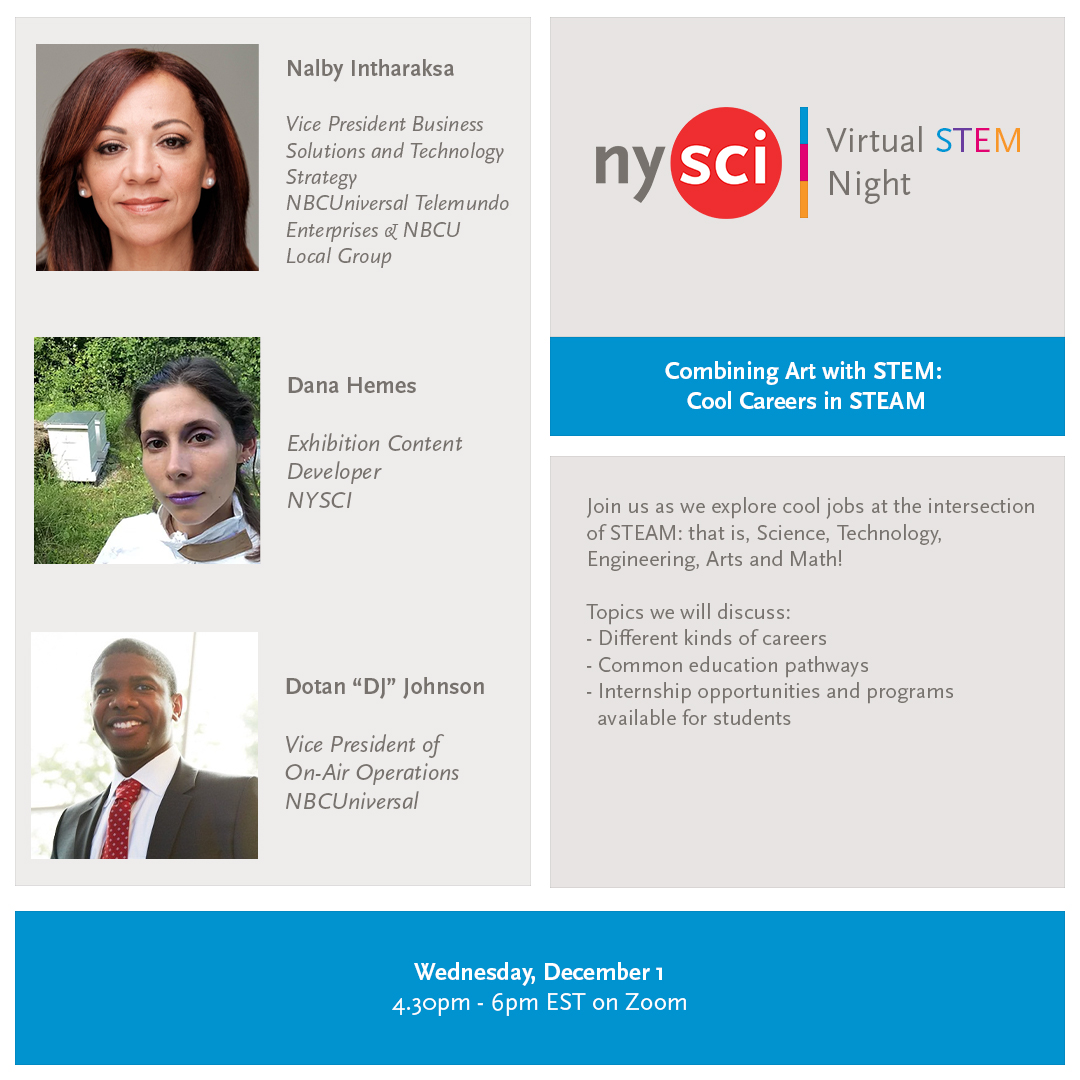 Explainer_TV's tweet photo. TOMORROW – Free Virtual STEM Event for students!
In this event we will discuss careers at the intersection of #STEAM.
12/1, 4.30pm - 6pm EST.
Chat with our amazing panelists from @nysci @nbcu and more!
RSVP: https://t.co/7MzRLcWdGu https://t.co/HCZQy2uDwe