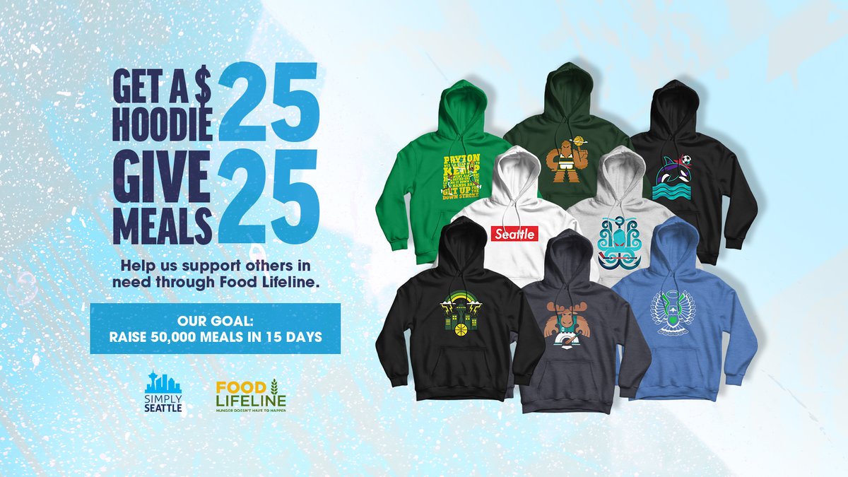 simplyseattle's tweet photo. Our 2nd annual Food Lifeline: 25 for $25 event is on! We’re donating 25 meals to @FoodLifeline for every $25 hoodie sold through December 15th. 

Support a fantastic local cause and shop the entire collection here: https://t.co/8EPghfIO9n https://t.co/gEocfTqKNI