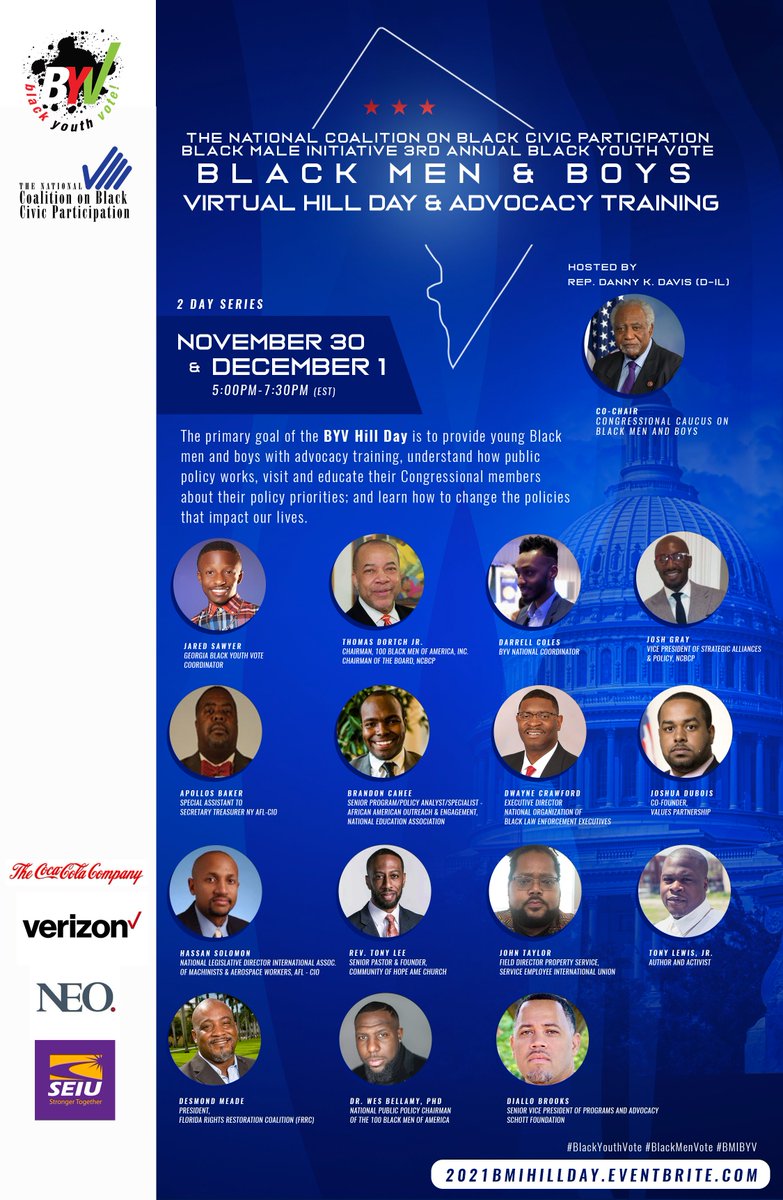 NCBCP's tweet photo. HAPPENING TONIGHT! Join us on Tuesday, November 30th &amp; Wednesday, December 1st for the BYV: Black Men &amp; Boys Virtual Hill Day and Advocacy Training! Register now at https://t.co/wHfCtCnPSa. #BlackMenandBoysHillDay https://t.co/iXAb9r09ev