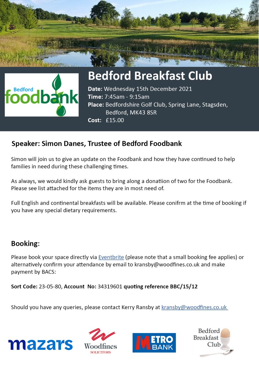 Join us for the last #breakfast of the year on 15th December when we will be joined by <a href="/bedfordfoodbank/">Bedford Foodbank</a>  who will give us an insight into who they have been helping in the 2 years since they last joined us. You can book your space directly here: eventbrite.com/e/bedford-brea…