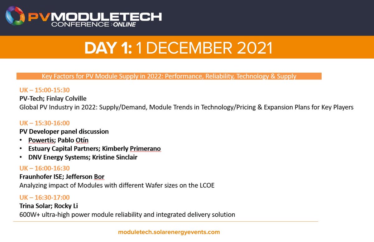 pv_tech's tweet photo. Join us tomorrow, 3-5pm (GMT) for #pvmoduletech's opening session, "Key Factors for PV Module Supply in 2022: Performance, Reliability, Technology and Supply".
Event info and registration: https://t.co/8n7TeSiwUt
@powertisenergy @FraunhoferISE @TrinaSolarUS @DNV_Energy https://t.co/TEIRx5qkj2