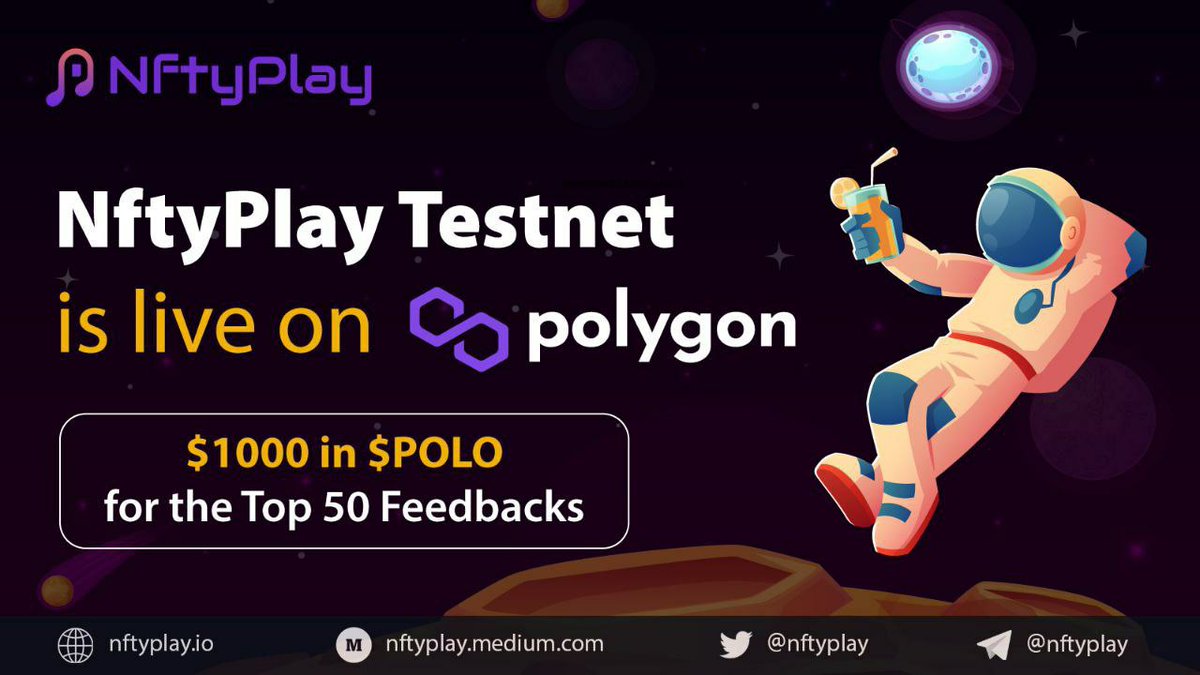 #NftyPlay #Testnet is live on <a href="/0xPolygon/">Polygon | POL</a> Testnet 📢📢

Sign in to app.NftyPlay.io upload your content and convert it to #NFT.

Share your feedback with us using app.NftyPlay.io/feedback

Top 50 feedbacks will share $1000 in $POLO rewards 🎊