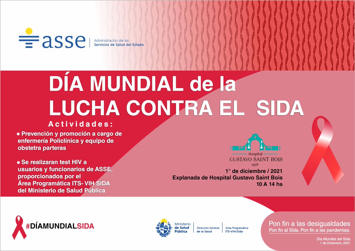 ASSEcomunica's tweet photo. 1 de Diciembre
Día Mundial de la Lucha Contra el Sida
Actividades en la explanada del Hospital Saint Bois: Promoción, prevención y realización de test gratuitos y confidenciales👇 https://t.co/KWGoq7xMlr