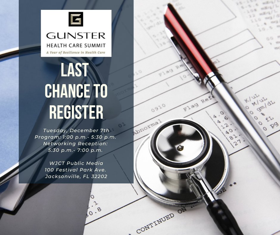 Gunster's Health Care Summit is just 1 week away! Join shareholder and summit organizer Sam Prokop, Tallahassee managing shareholder Bill Dillon, G.A. consultant <a href="/BriseRonald/">Ronald Brisé</a>, &amp; various health care professionals, as they highlight resilience in health care.bit.ly/373zIWN