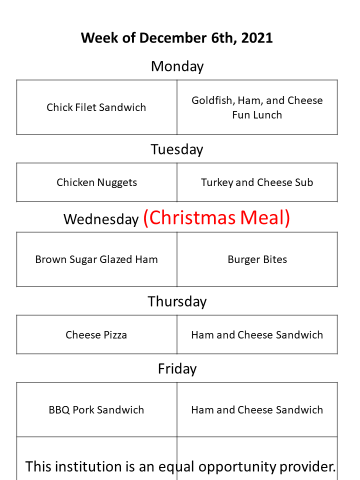 RRESPandas's tweet photo. Updated lunch menu for the week of December 6th.  Next Wednesday is the Christmas meal.  #RRESPandas 🐼 https://t.co/EDfJPNTln7