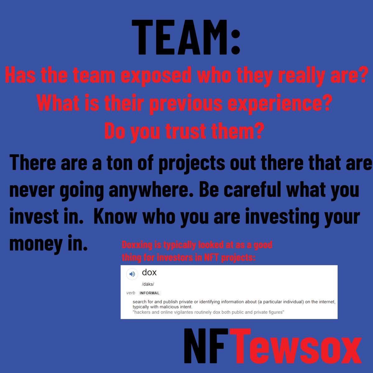 NFTewsox's tweet photo. What to think about when trying to decide if you should get into an NFT project - my 2 cents. #nfteducation #newtonft #nftnoob https://t.co/p02ybbLVn3
