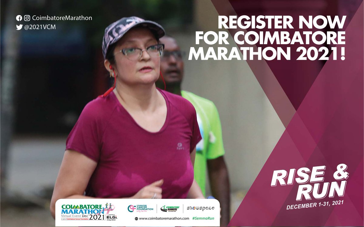 simplicitycbe's tweet photo. #advertisement
Register now at https://t.co/f9DnPCd8p9 for the virtual edition of the Coimbatore Marathon.
Your contribution goes to Coimbatore Cancer Foundation. Do your bit to help treat cancer patients.
Registrations closing on 10th December 2021.
#SemmaRun #marathon https://t.co/TNhnBJK7uK