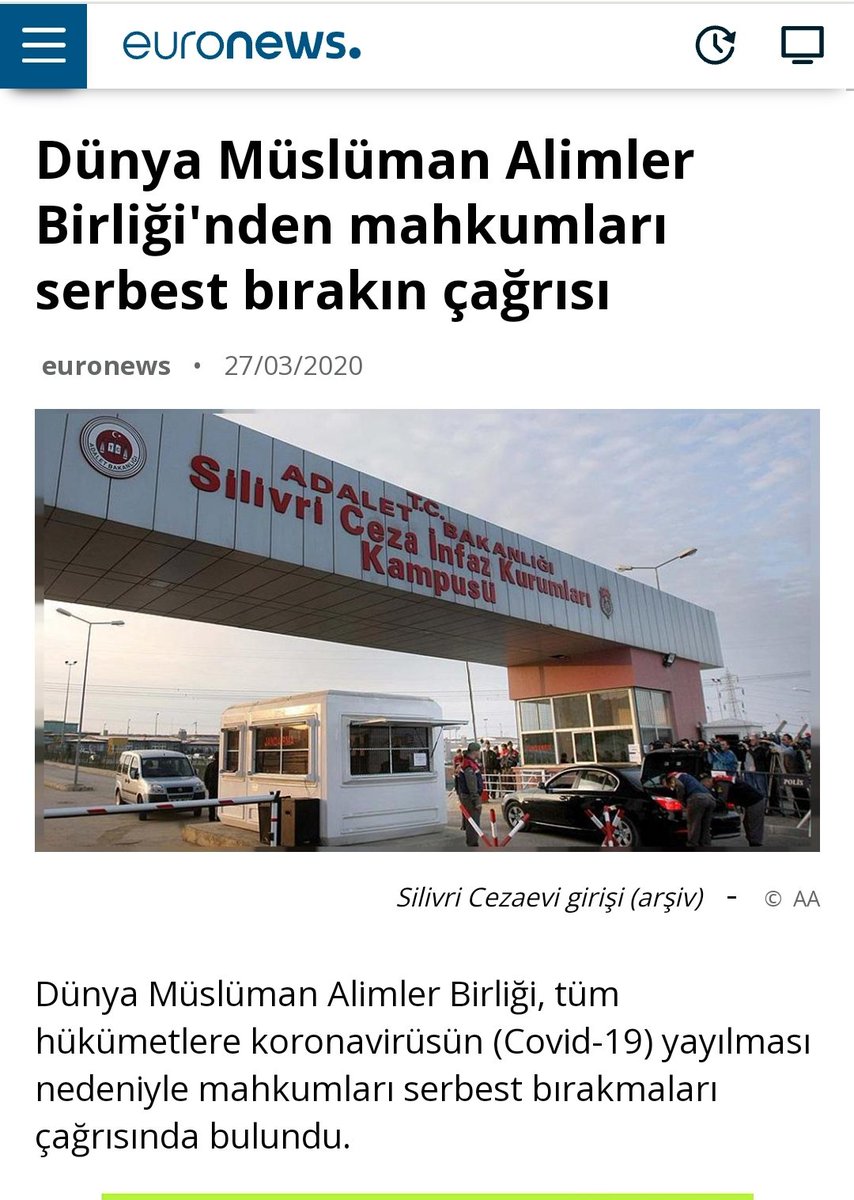 Merkezi Katar'ın başkenti Doha'da bulunan Birlik'ten yapılan açıklamada, "Birlik, tüm hükümetlerden tüm mahkumların ve bunların dışında salgına tutuldukları yerde maruz kalma durumunda olanların serbest bırakılmasını, ülkeden ve kulların üzerinden haksızlık ve zulmün