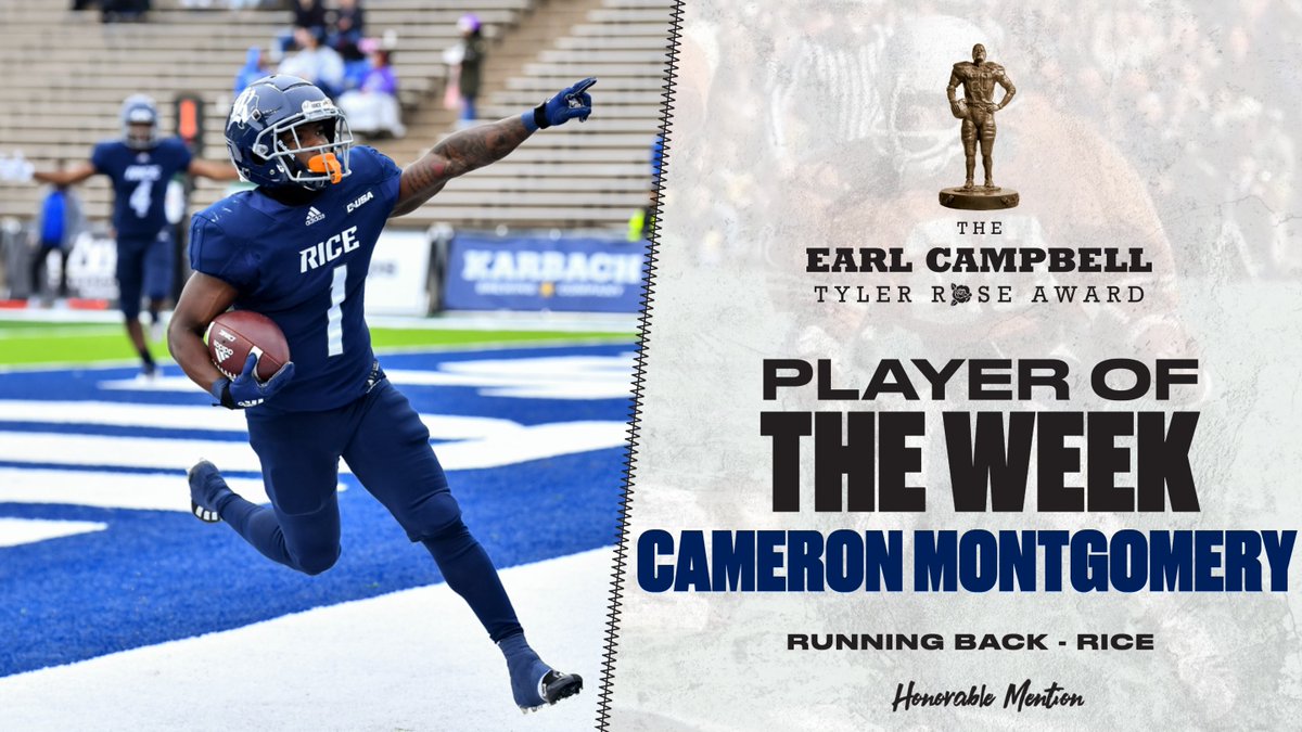 CampbellAward's tweet photo. Week 13 Honorable Mention: @RiceFootball RB Cameron Montgomery (Stafford HS, TX). #GoOwls https://t.co/BHxj9bJOu3