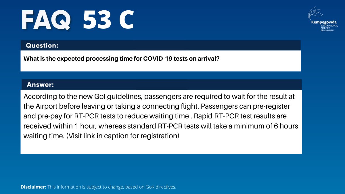 BLRAirport's tweet photo. Here are FAQ's on the #NewTravelGuidelines for international passengers arriving into Karnataka. Passengers can visit the link - https://t.co/8iEsZPF2SL to pre-register for RT-PCR tests to reduce waiting time.
For more info visit :https://t.co/zYuNJObSLB https://t.co/LA69Z0V4cq
