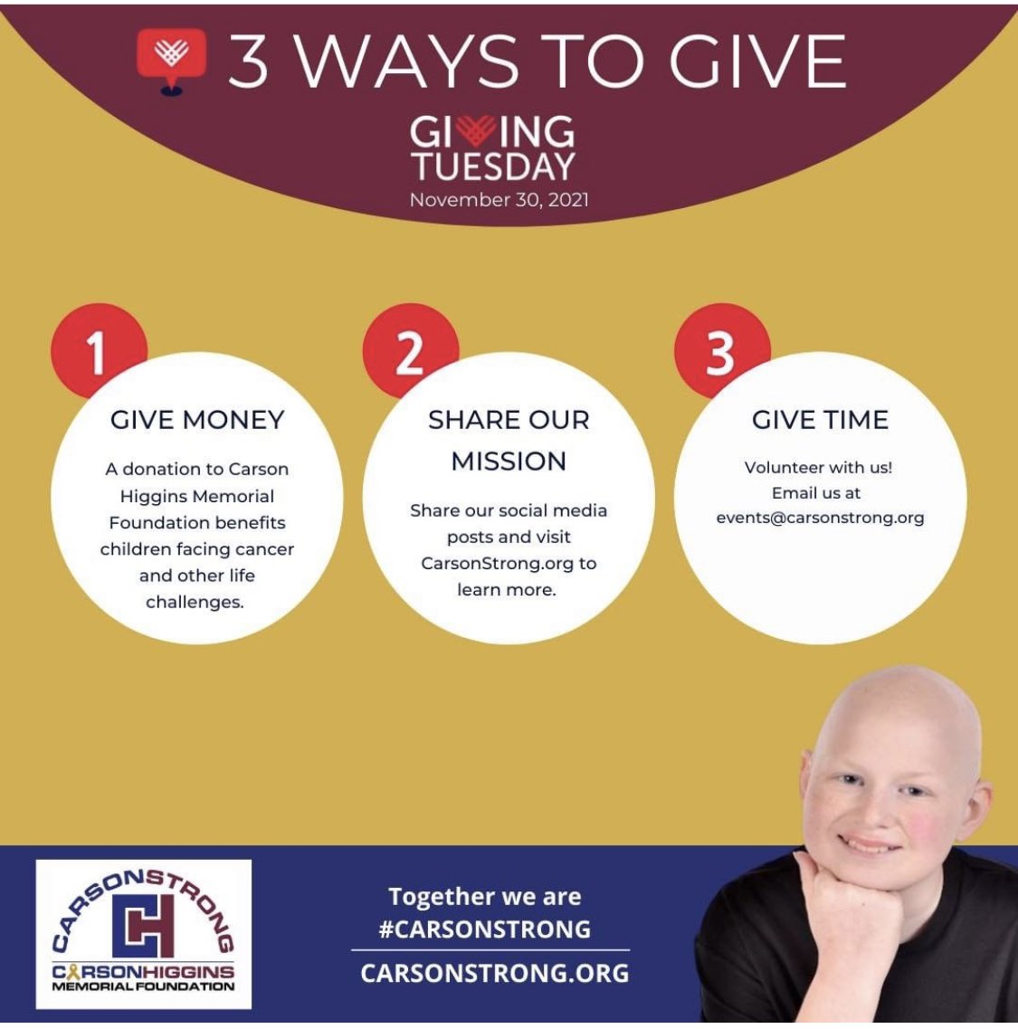 CarsonStrong4's tweet image. 3 ways to Give! @carsonstrong  @givingtuesdayCHMF