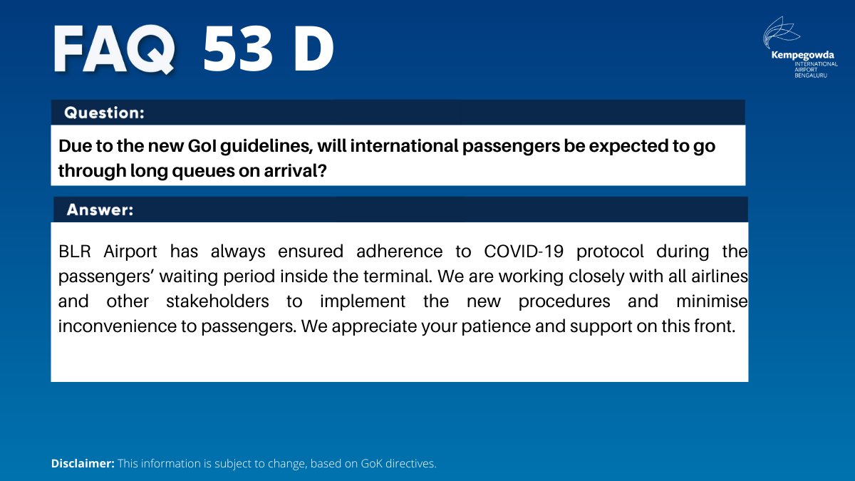 BLRAirport's tweet photo. Here are FAQ's on the #NewTravelGuidelines for international passengers arriving into Karnataka. Passengers can visit the link - https://t.co/8iEsZPF2SL to pre-register for RT-PCR tests to reduce waiting time.
For more info visit :https://t.co/zYuNJObSLB https://t.co/LA69Z0V4cq