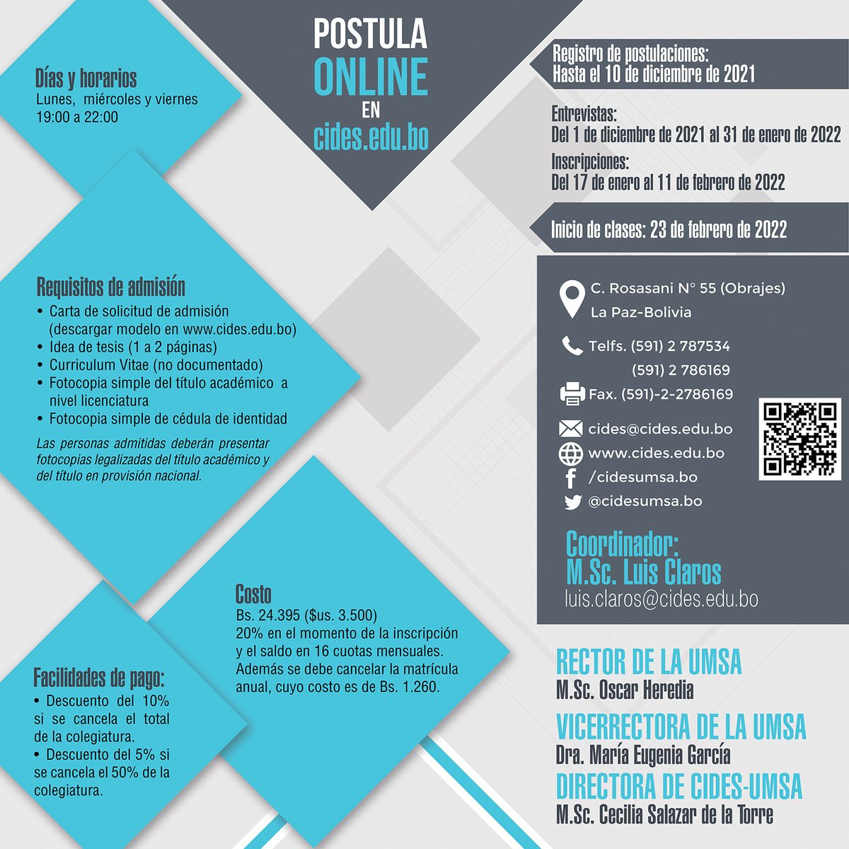 UmsaCides's tweet photo. MAESTRÍAS 2022
Postula online en: 👇🏼
https://t.co/SQ0GLtt2XA https://t.co/RAQGyaxuJ3