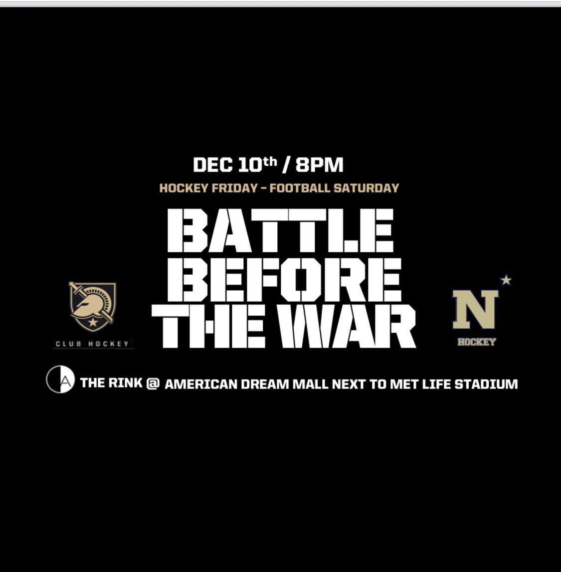 🚨Huge Announcement🚨
    Army ACHA D2 v.s. Navy ACHA D1 
               Friday Dec. 10 <a href="/8pm/">8pm</a> 
    #AmericasGameOnIce #ArmyNavy 
<a href="/ArmyNavyGame/">Army-Navy Game</a> @achahockey