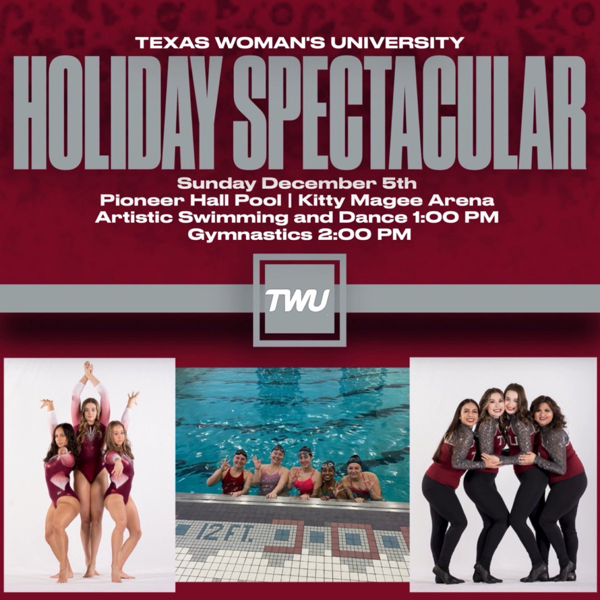 Texas Woman's Pioneers (@twupioneers) on Twitter photo Mark your 🗓!
Only 5️⃣ more days until the Holiday Spectacular🎄
✨Free Admission
✨First 250 Fans get Free 👕
✨Special Christmas Guest
Make sure to be there to catch all the holiday fun with TWU Artistic Swim, <a href="/TWUPioneerPride/">TWU Pioneer Pride</a>, and <a href="/TWUGymnastics/">TWU Gymnastics</a>!
#PioneerProud Mark your 🗓!
Only 5️⃣ more days until the Holiday Spectacular🎄
✨Free Admission
✨First 250 Fans get Free 👕
✨Special Christmas Guest
Make sure to be there to catch all the holiday fun with TWU Artistic Swim, <a href="/TWUPioneerPride/">TWU Pioneer Pride</a>, and <a href="/TWUGymnastics/">TWU Gymnastics</a>!
#PioneerProud