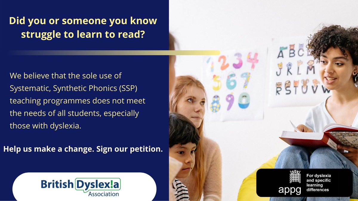 BDAdyslexia's tweet photo. Research shows that as many as a quarter of all children cannot learn to read just by learning phonics.
Sign our petition to enable teachers to use their professional skills and expertise to teach reading in a way that meets the needs of all children: https://t.co/Saxpg5SqQn https://t.co/DInB39IIzC